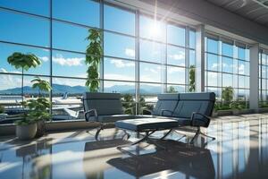 attendre pièce à le aéroport avec le grand fenêtre ai généré photo