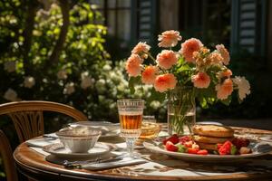 table ensemble pour une été brunch dans le jardin ai généré photo