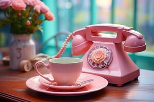 vieux téléphone sur table pastel Couleur ancien style ai généré photo