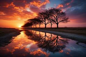 silhouettes de des arbres en dessous de une nuageux ciel pendant le coucher du soleil professionnel La publicité la photographie ai génératif photo