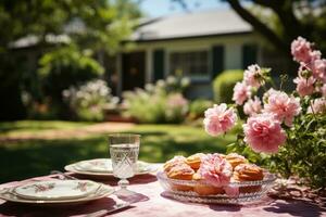 table ensemble pour une été brunch dans le jardin ai généré photo