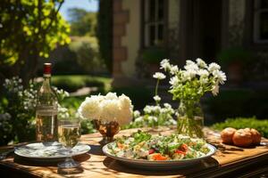 table ensemble pour une été brunch dans le jardin ai généré photo