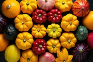 une collection de citrouilles soigneusement arrangé dans le table professionnel La publicité la photographie ai généré photo