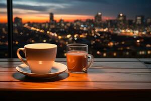 un soir dans le Bureau avec un vide café agresser sur une table ai généré photo