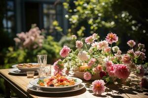 table ensemble pour une été brunch dans le jardin ai généré photo