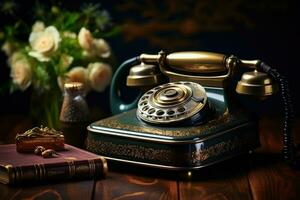 vieux téléphone sur table ancien style ai généré photo