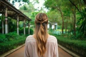 femmes tresser cheveux faire Regardez de retour professionnel La publicité la photographie ai génératif photo