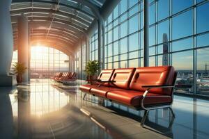 attendre pièce à le aéroport avec le grand fenêtre ai généré photo