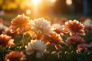 fleur champ dans lumière du soleil printemps ou été jardin professionnel La publicité la photographie ai généré photo