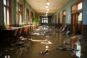 situation inondation dans école départ scénarios professionnel La publicité la photographie ai généré photo