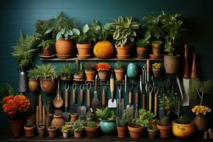 knolling jardinage outil plat allonger ai généré photo