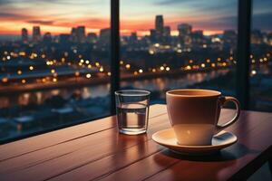 un soir dans le Bureau avec un vide café agresser sur une table ai généré photo