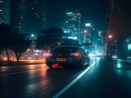 une en mouvement voiture dans le nuit ville ai produire photo