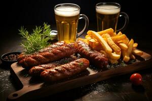 Bière et grillé saucisses avec Romarin. ai généré photo