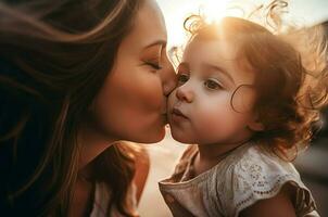 mignonne mère fille baiser à Matin lumière. produire ai photo