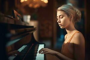 pianiste Jeune femme à Soleil lumière. produire ai photo