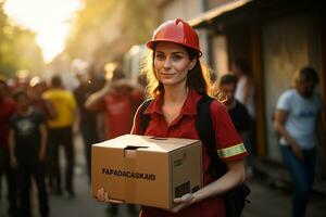 portrait de une femmes bénévole porter une boîte contenant nourriture aide pour catastrophe victimes. charité, humanitaire, communauté, travail en équipe concept. génératif ai photo