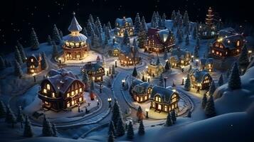 ai génératif réaliste confortable petit Noël ville par nuit isométrique ou des oiseaux œil vue photo
