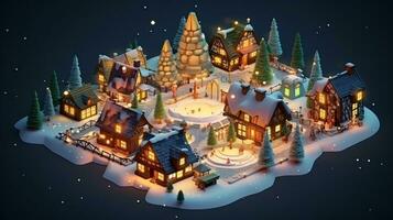 ai génératif réaliste confortable petit Noël ville par nuit isométrique ou des oiseaux œil vue photo