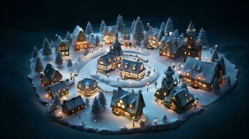 ai génératif réaliste confortable petit Noël ville par nuit isométrique ou des oiseaux œil vue photo