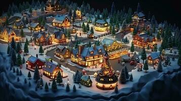 ai génératif réaliste confortable petit Noël ville par nuit isométrique ou des oiseaux œil vue photo