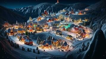 ai génératif réaliste confortable petit Noël ville par nuit isométrique ou des oiseaux œil vue photo