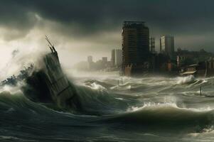 tsunami mer ville vagues. produire ai photo