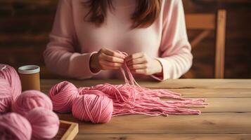 femme dans rose chandail tricot avec rose et violet fil des balles sur en bois table photo