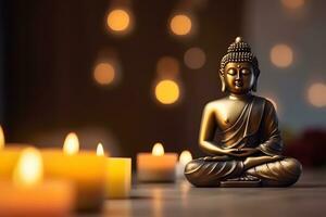 méditation Bouddha statue avec bougies et lotus. neural réseau ai généré photo