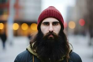 rue portrait de un personnes âgées homme sur une floue Contexte de une rue et une foule de gens dans une européen ville. neural réseau ai généré photo