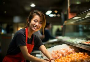 une jeune et radiant vendeuse des stands en évidence, sa chaud sourire accueillant clients. ai généré photo