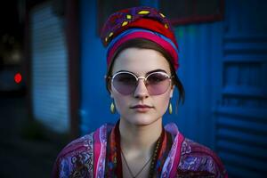 proche en haut portrait de Jeune femme dans turban. neural réseau ai généré photo