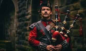 Écossais joueur de cornemuse habillé dans traditionnel rouge et noir tartan robe supporter avant pierre mur ai généré photo