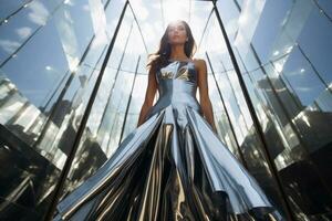 une femme avec une pleinement réfléchissant miroir robe. ai génératif photo