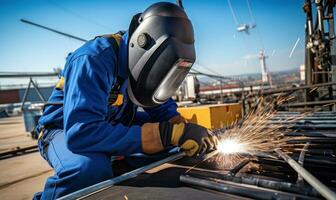 technicien Jeune portant sécurité protecteur Vêtements tandis que installation équipement et câblage relier dans système de photovoltaïque installation sur usine toit bâtiments ai généré photo