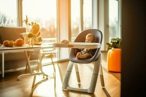 conventionnel bébé alimentation chaise dans le à manger table à Accueil ou cuisine. enfant haute chaise meubles concept par ai généré photo