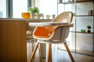 conventionnel bébé alimentation chaise dans le à manger table à Accueil ou cuisine. enfant haute chaise meubles concept par ai généré photo