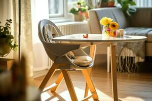 conventionnel bébé alimentation chaise dans le à manger table à Accueil ou cuisine. enfant haute chaise meubles concept par ai généré photo