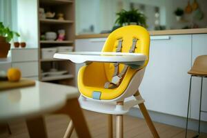 conventionnel bébé alimentation chaise dans le à manger table à Accueil ou cuisine. enfant haute chaise meubles concept par ai généré photo