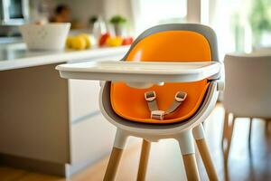 conventionnel bébé alimentation chaise dans le à manger table à Accueil ou cuisine. enfant haute chaise meubles concept par ai généré photo