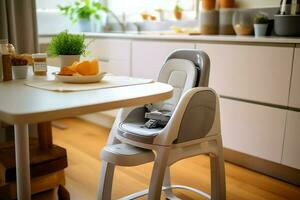 conventionnel bébé alimentation chaise dans le à manger table à Accueil ou cuisine. enfant haute chaise meubles concept par ai généré photo