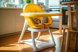 conventionnel bébé alimentation chaise dans le à manger table à Accueil ou cuisine. enfant haute chaise meubles concept par ai généré photo