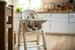 conventionnel bébé alimentation chaise dans le à manger table à Accueil ou cuisine. enfant haute chaise meubles concept par ai généré photo