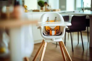 conventionnel bébé alimentation chaise dans le à manger table à Accueil ou cuisine. enfant haute chaise meubles concept par ai généré photo