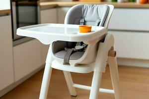 conventionnel bébé alimentation chaise dans le à manger table à Accueil ou cuisine. enfant haute chaise meubles concept par ai généré photo