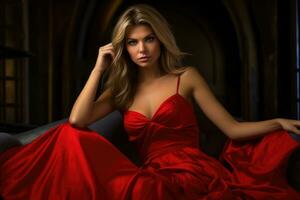 une sensuel femme dans une rouge robe incarnant séduire et sophistication. ai génératif photo