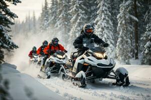 les motoneigistes navigation par une neigeux forêt, mettant en valeur le excitation de hiver des sports. génératif ai photo