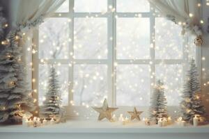 magnifique Noël pièce avec décoré Noël arbre, chaud lumières et guirlandes.noël Contexte avec copie espace. génératif ai photo