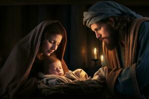 le saint famille, avec Marie, Joseph, et le nouveau née Jésus dans le manger, soulignant le essence de le Noël histoire. génératif ai photo