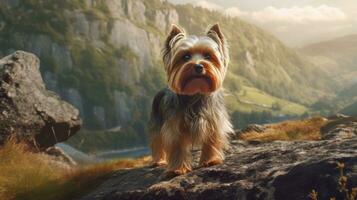 Yorkshire terrier des stands sur une Roche et regards dans le distance. photo